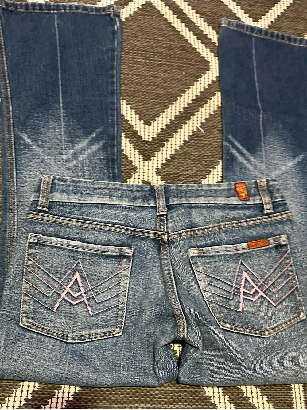 7 For All Mankind Medium Blue Bootcut Jeans with Pink Pocket Embroidery